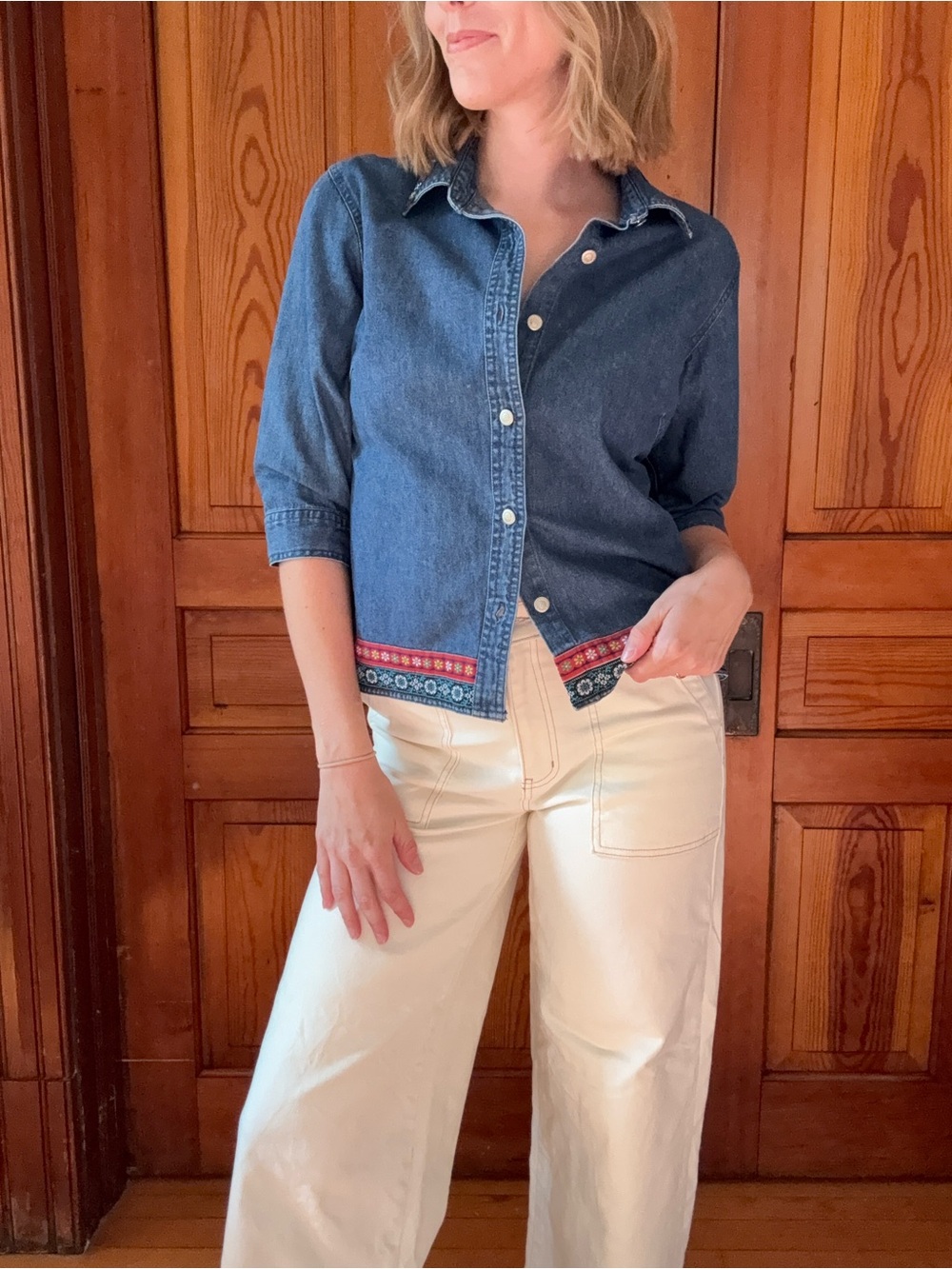 Denim Button-Front Top with Embroidered Hem - Blue